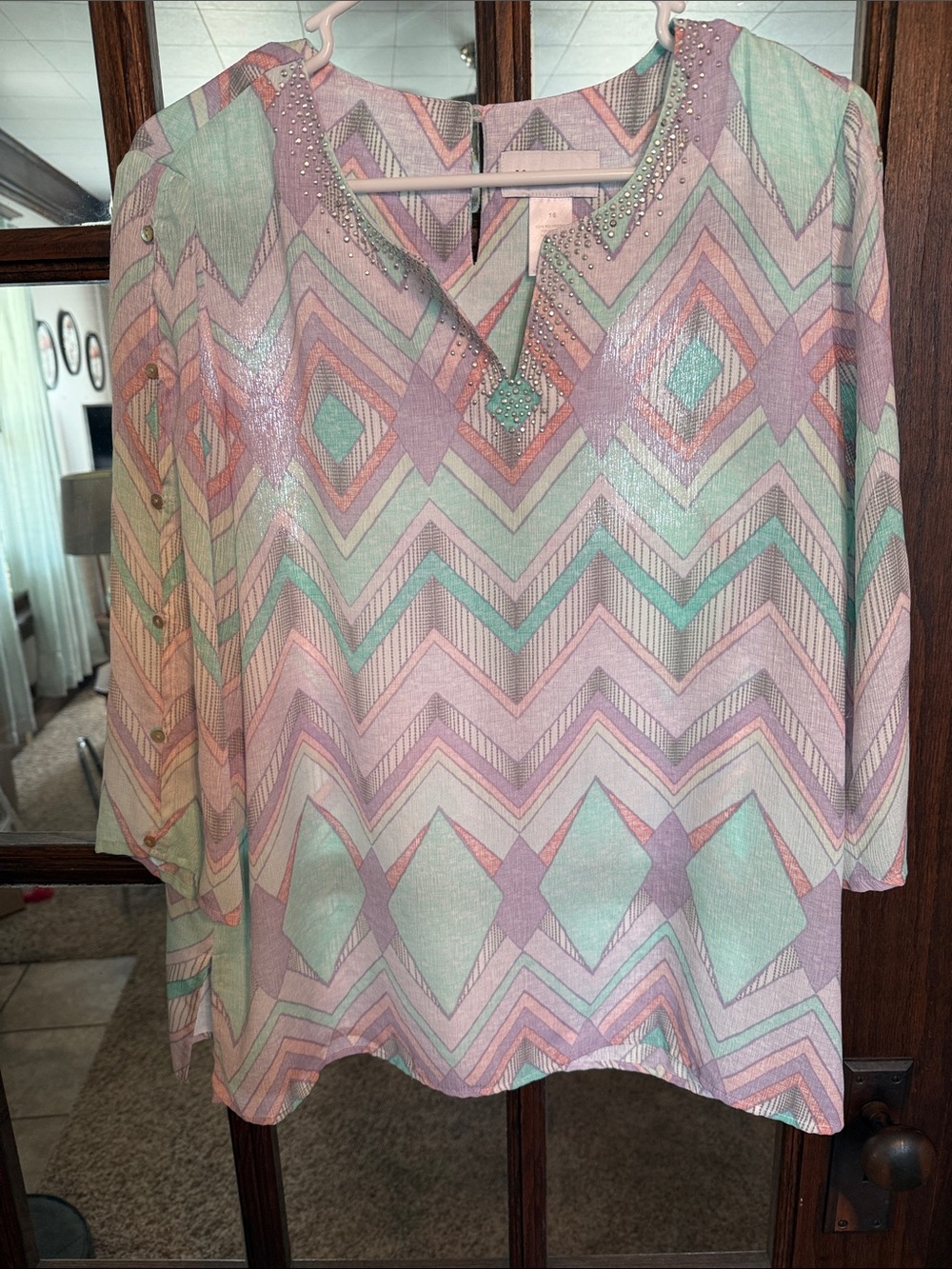 Alfred‎ Dunner Pastel Chevron Rhinestone V-Neck Blouse 16 Metallic Split Sleeve